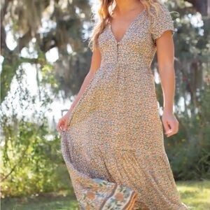 NATURAL LIFE Evangeline Orange and Blue Floral V-Neck Maxi Dress